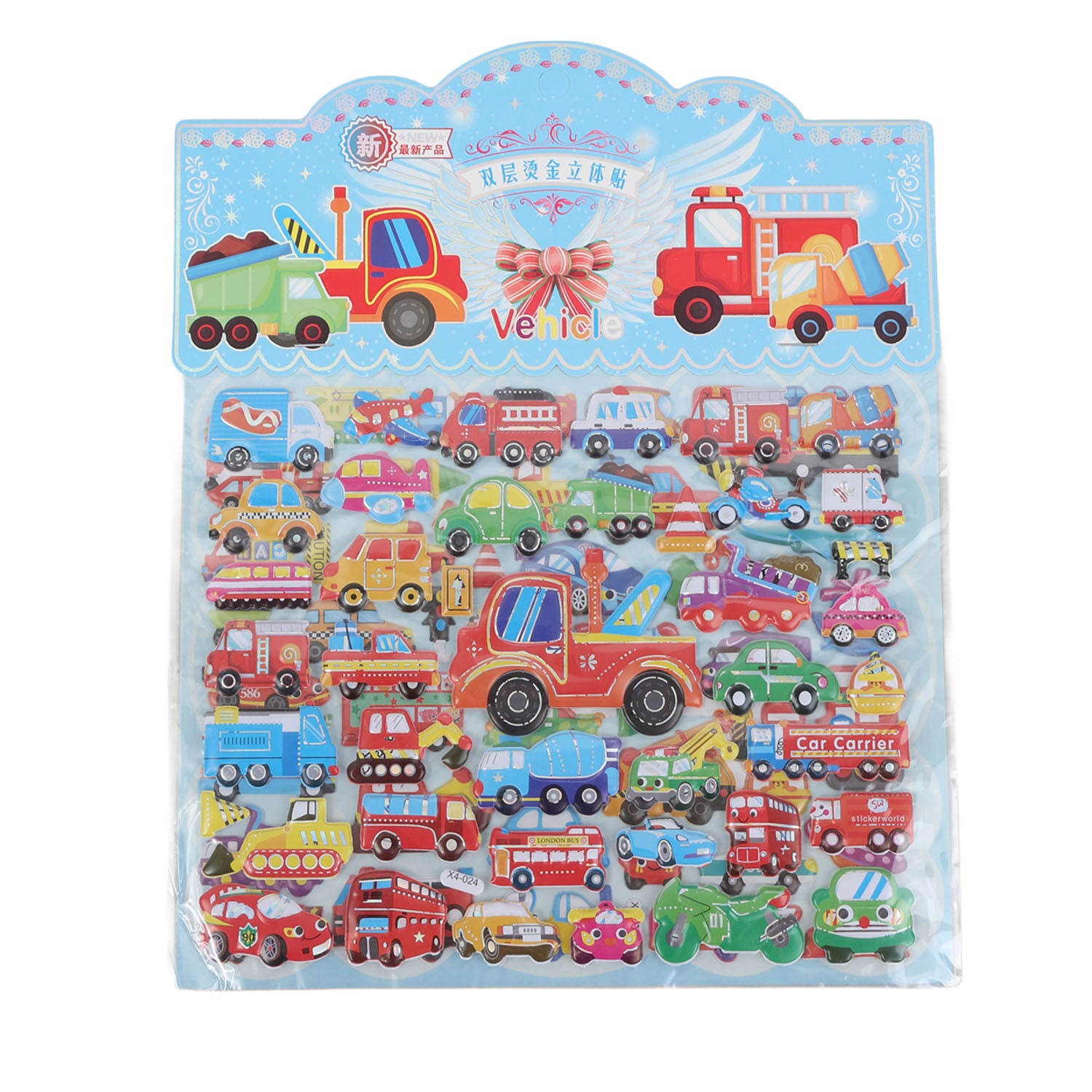 Cartoon vehicle car stickers sheet with many die-cut trucks and buses, light blue