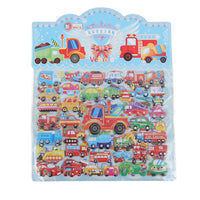 Cartoon vehicle car stickers sheet with many die-cut trucks and buses, light blue