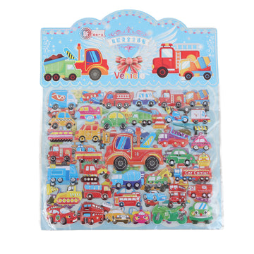 Cartoon vehicle car stickers sheet with many die-cut trucks and buses, light blue