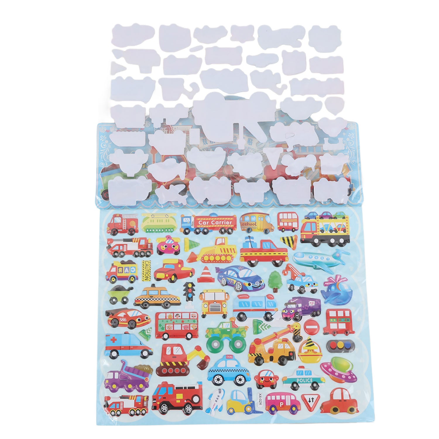 Die-cut vehicle sticker set on clear sheet with assorted cars, buses, and trucks