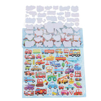 Die-cut vehicle sticker set on clear sheet with assorted cars, buses, and trucks