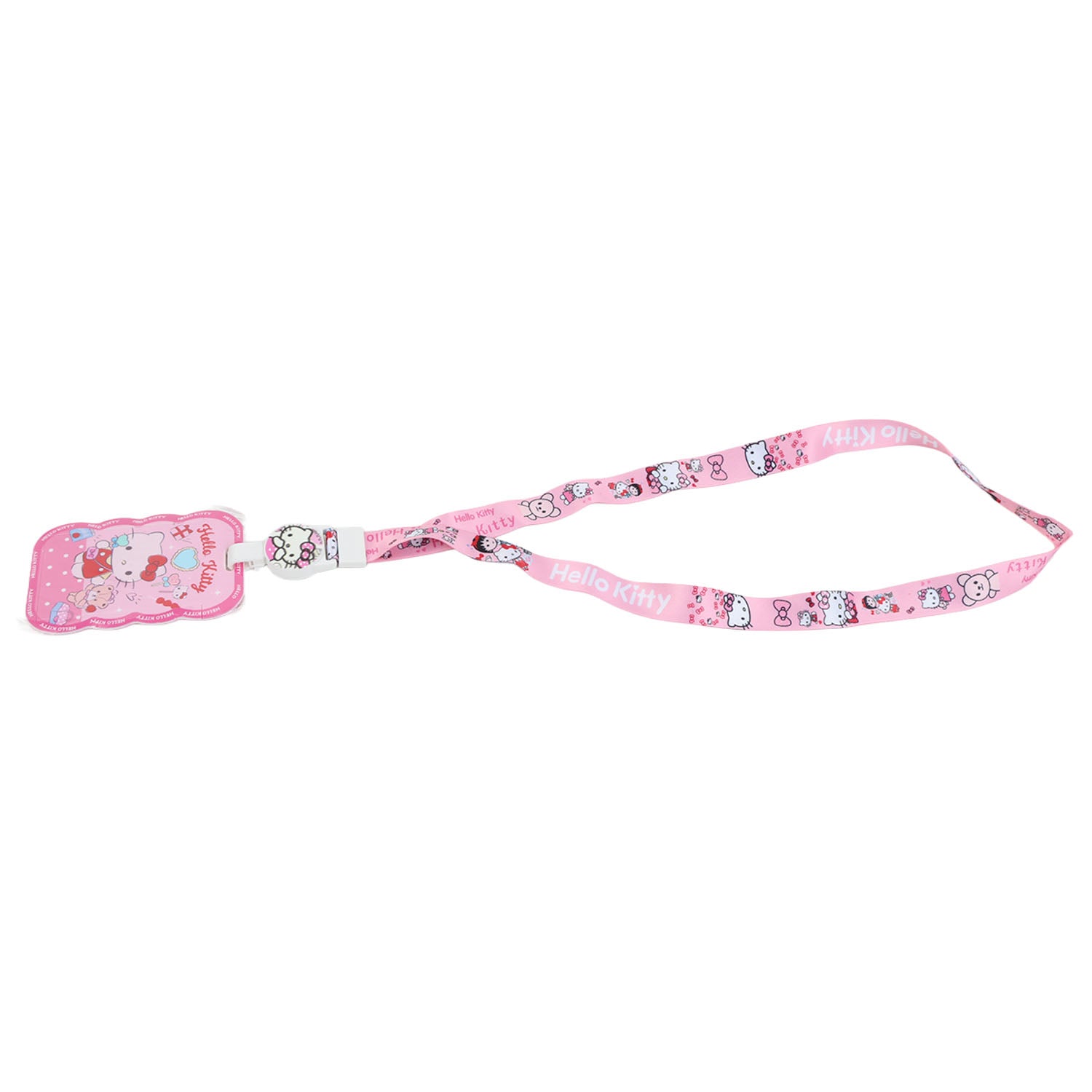 Pink Hello Kitty patterned lanyard strap with small card holder ends