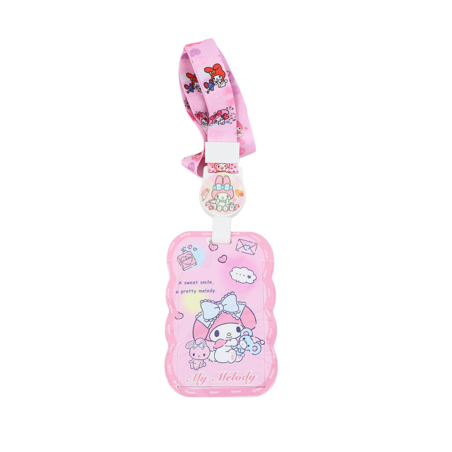 Pink character card holder with My Melody illustration and clip strap