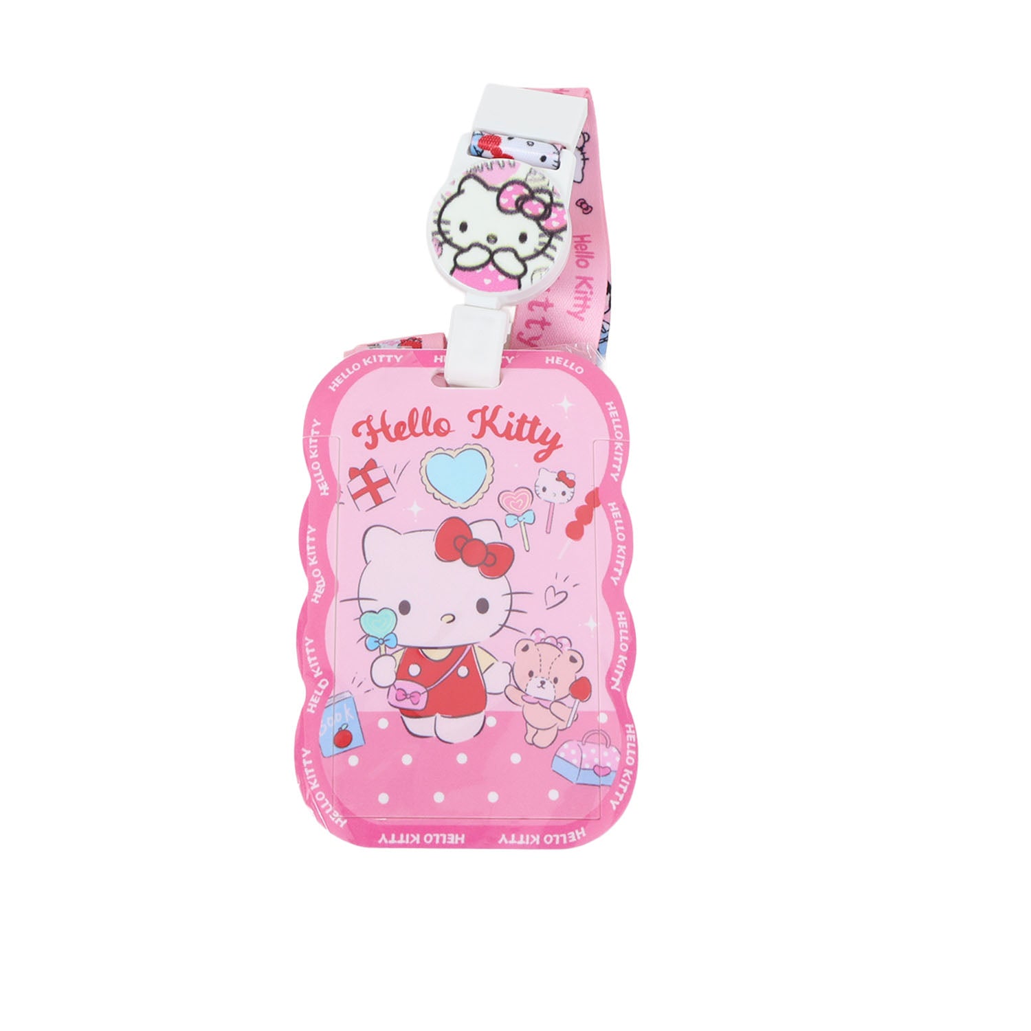 Pink Hello Kitty character card holder with bow and cartoon face