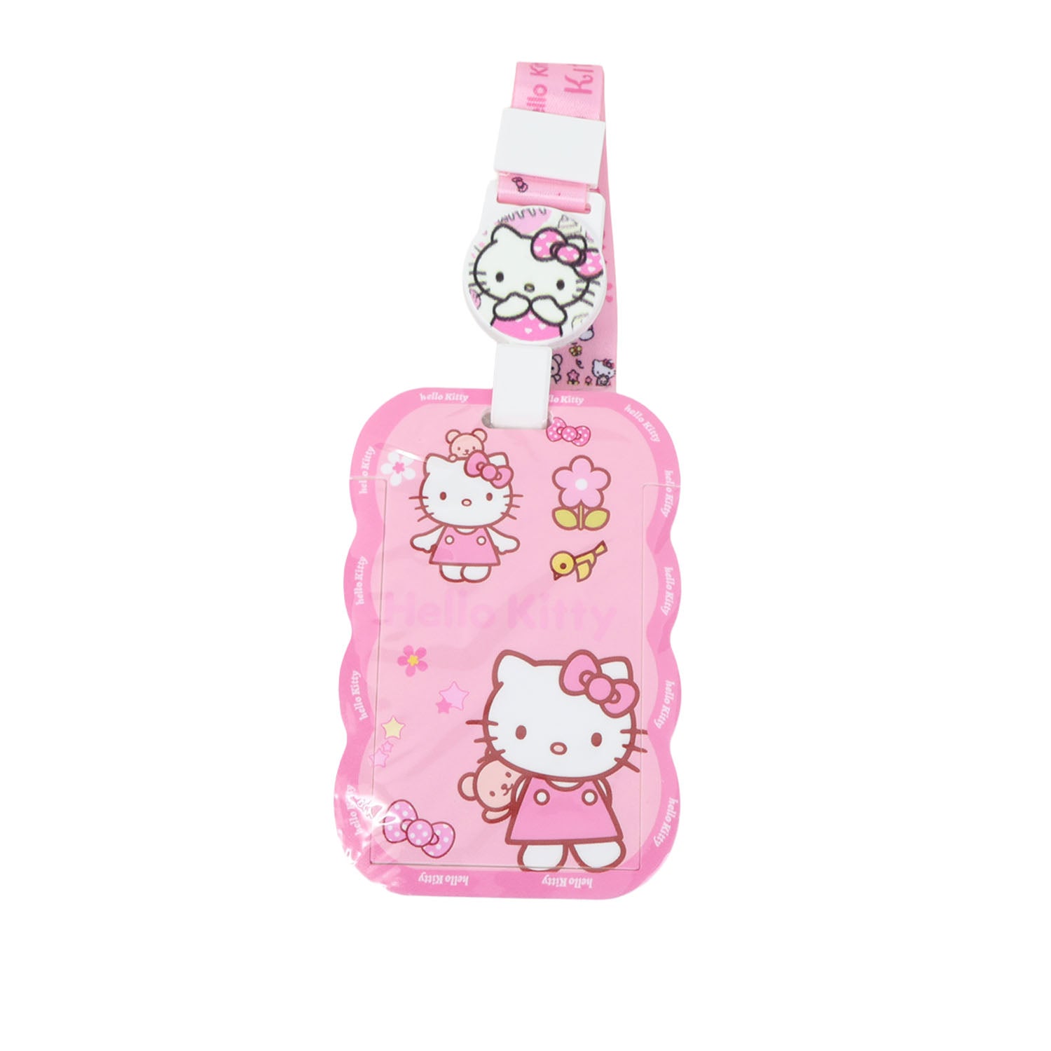 Pink Hello Kitty character card holder with full-body outfit print and clip