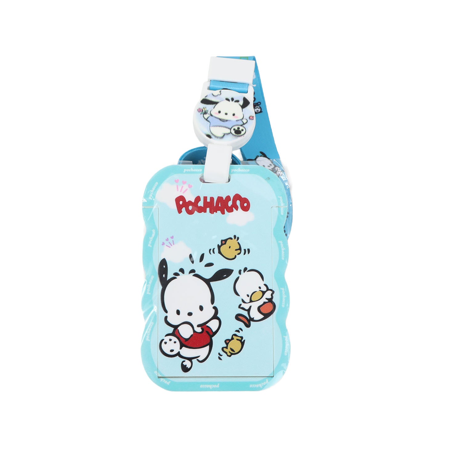 Light blue character card holder with Pochacco animal print and clip strap