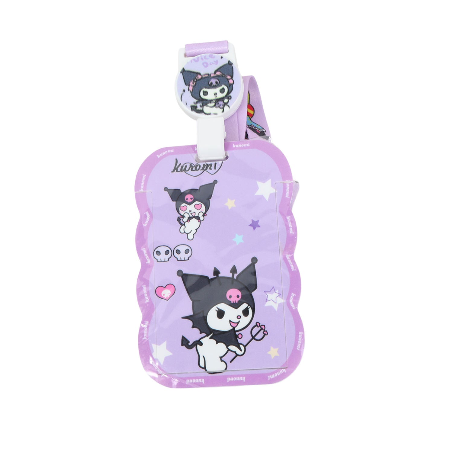 Purple Kuromi character card holder with goth cartoon print and clip strap