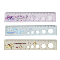 Set of 3 character rulers with measurement markings: Kuromi, Cinnamoroll, Pompompurin