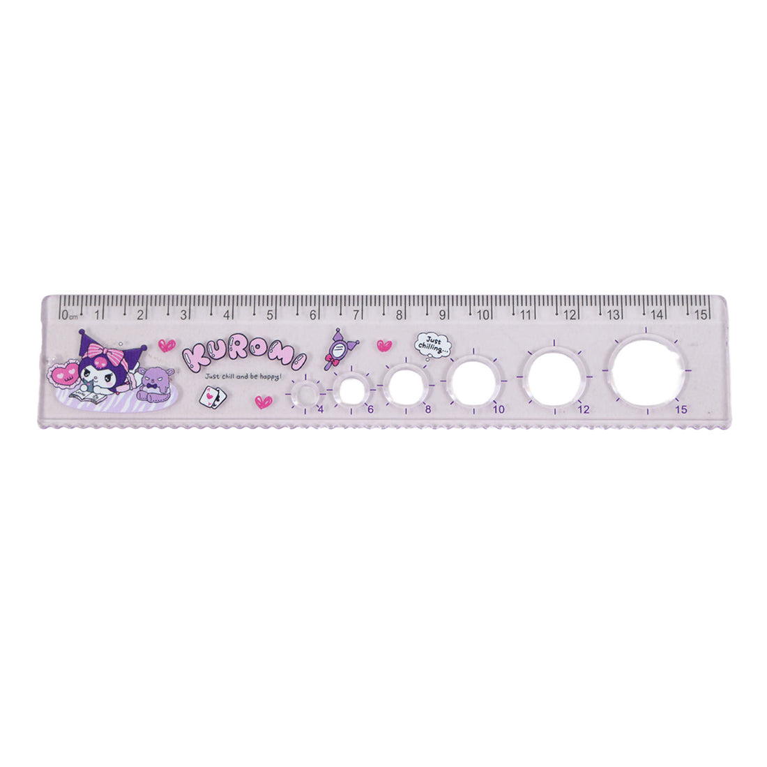Kuromi character ruler, purple with measurement scale and round cutout circles