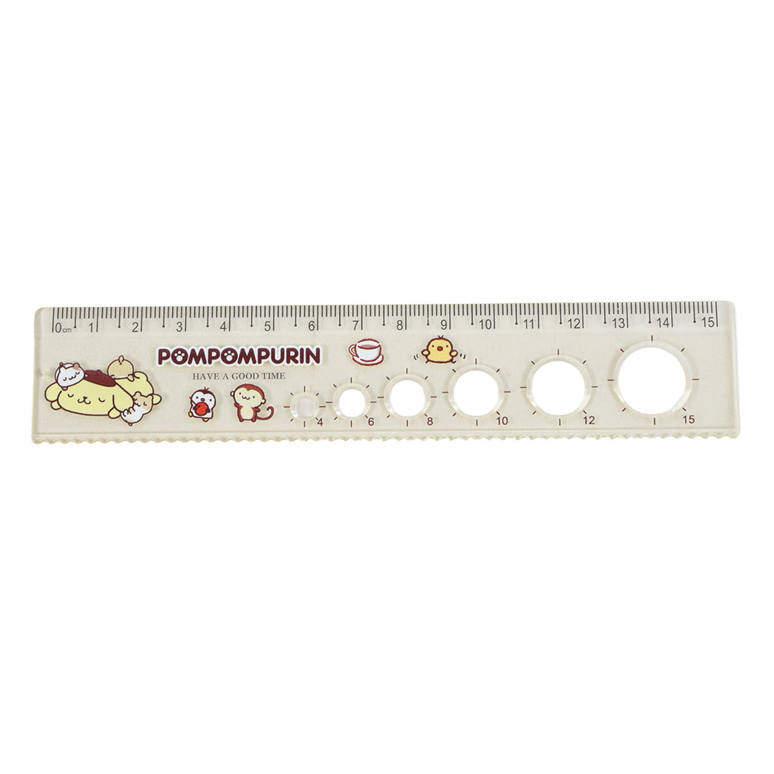 Pompompurin character ruler, beige with measurement scale and round cutout circles