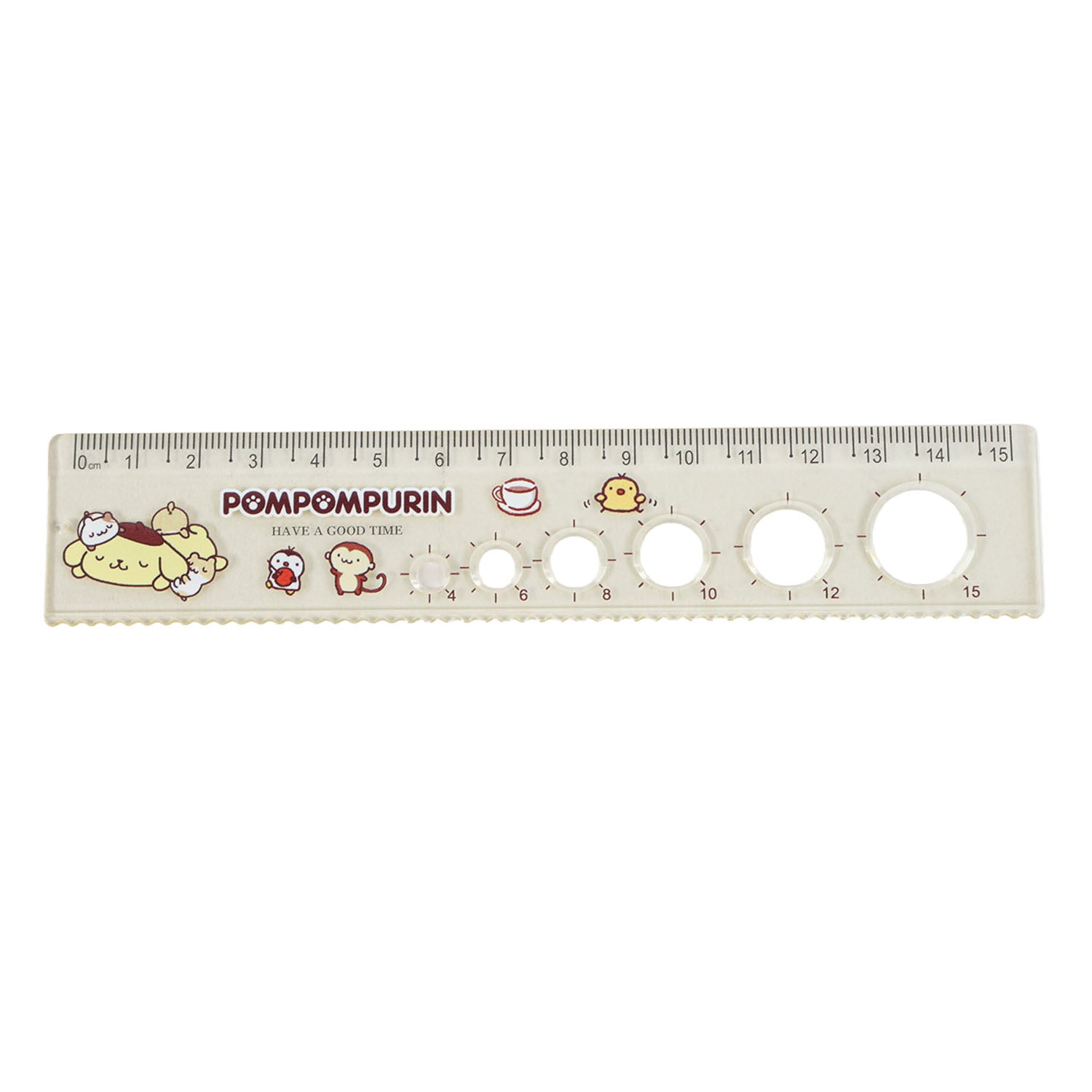 Pompompurin character ruler, beige with measurement scale and round cutout circles