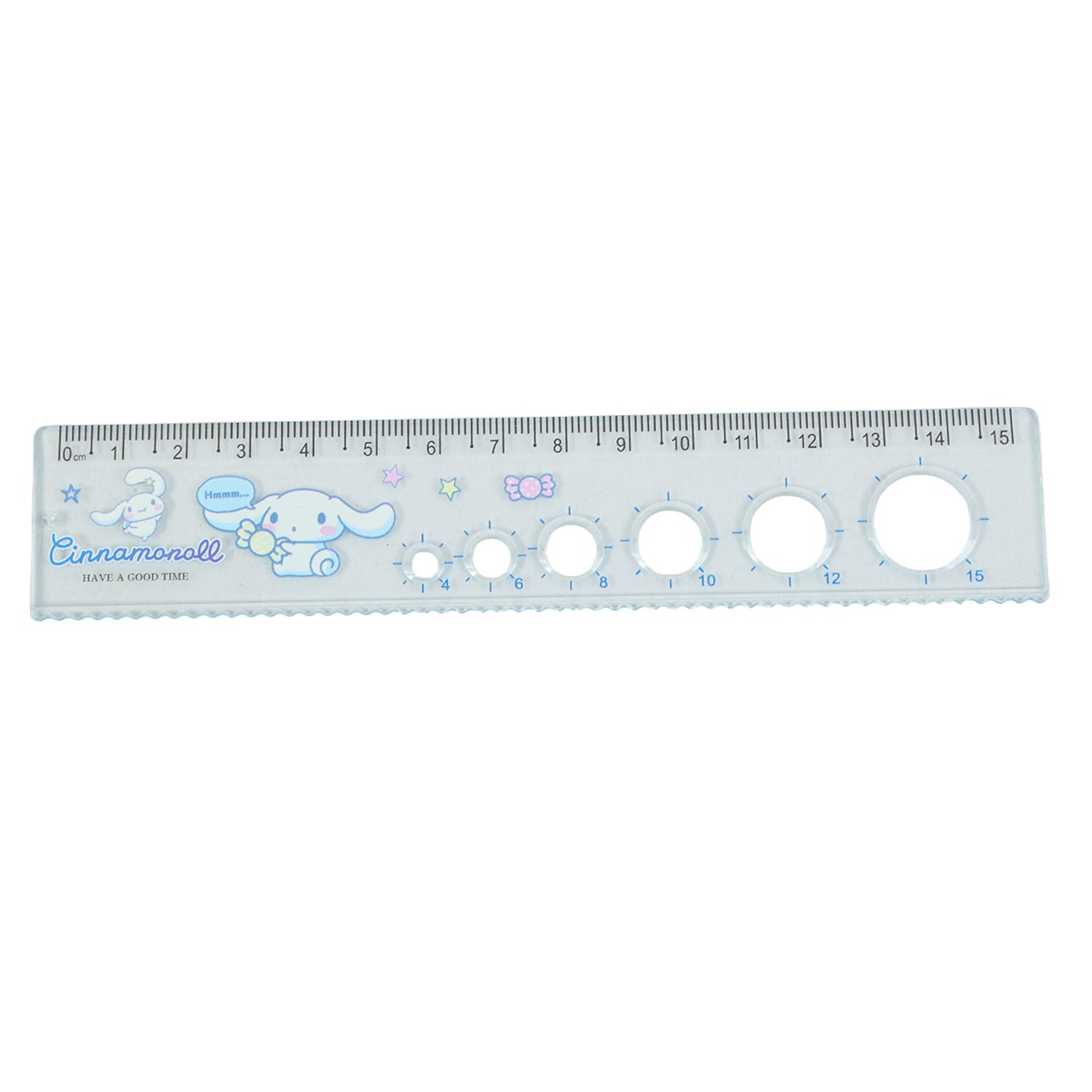 Cinnamoroll character ruler, light blue with measurement scale and round cutout circles