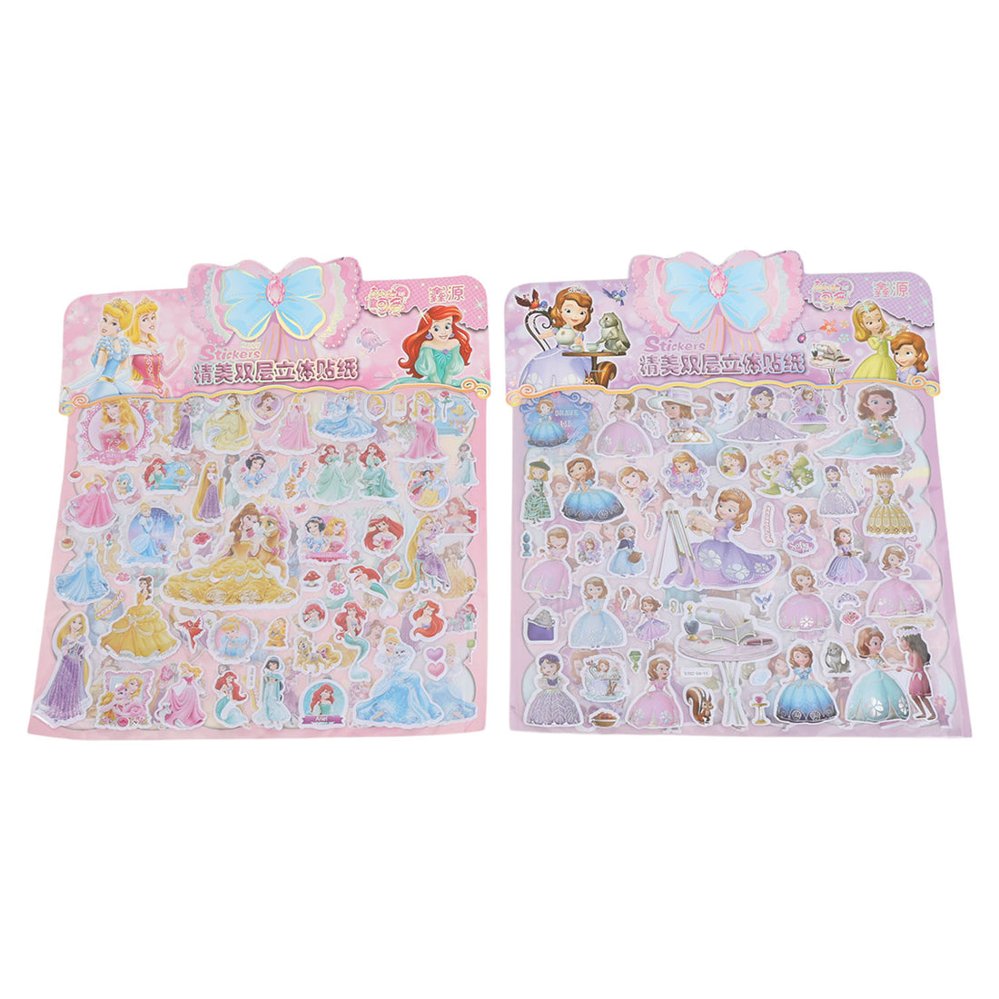 Two princess-themed sticker sheets with pastel character designs and gowns