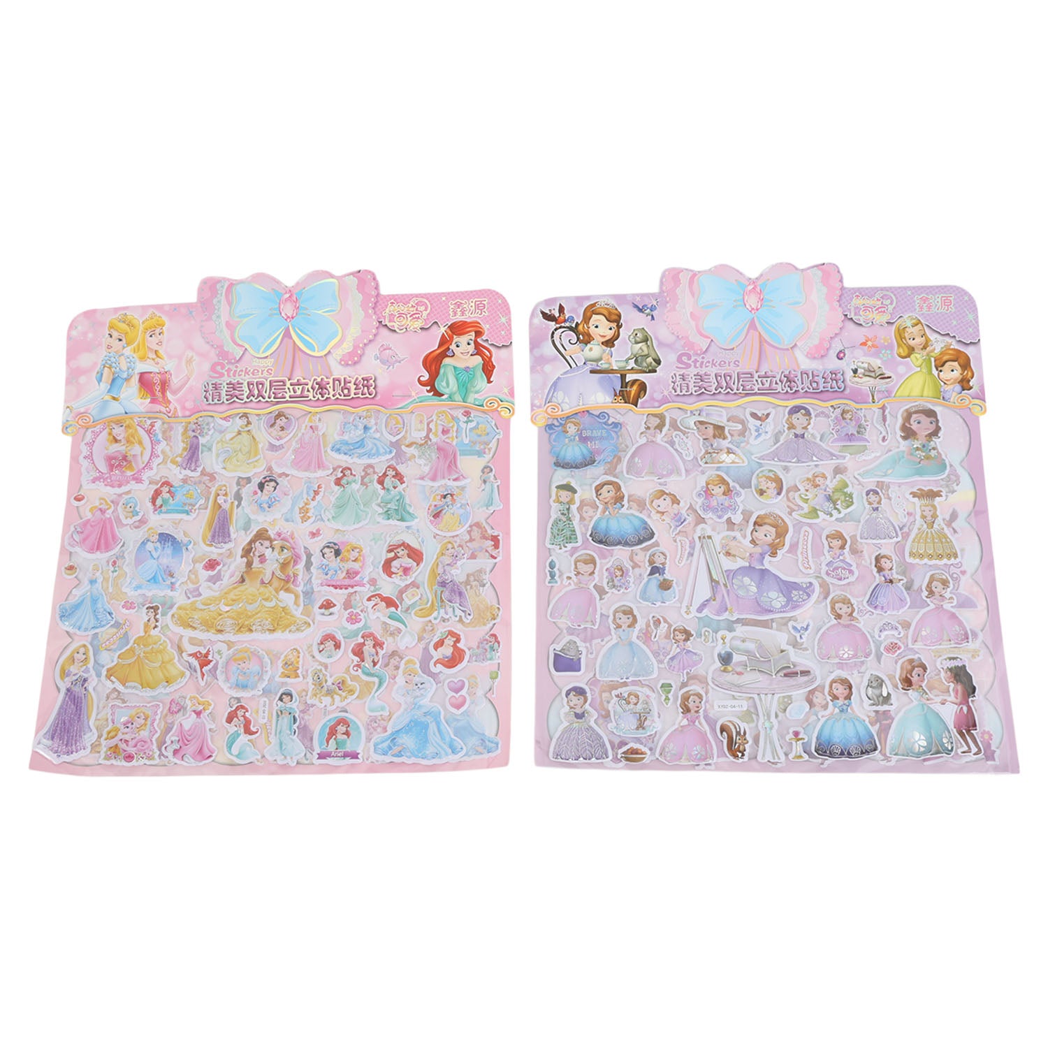 Two princess-themed sticker sheets with pastel character designs and gowns