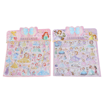 Two princess-themed sticker sheets with pastel character designs and gowns