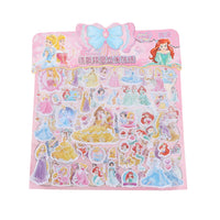 Princess-themed sticker sheet with pastel dresses, mermaid figure, and heart motifs