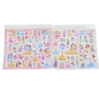 Princess-themed sticker sheets in clear sleeves with pastel character designs