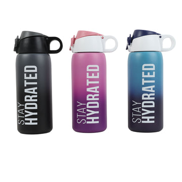 Set of 3 insulated water bottles: black, pink, and blue with flip lids