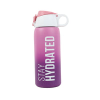 Pink insulated water bottle with flip-up carry handle and white lid