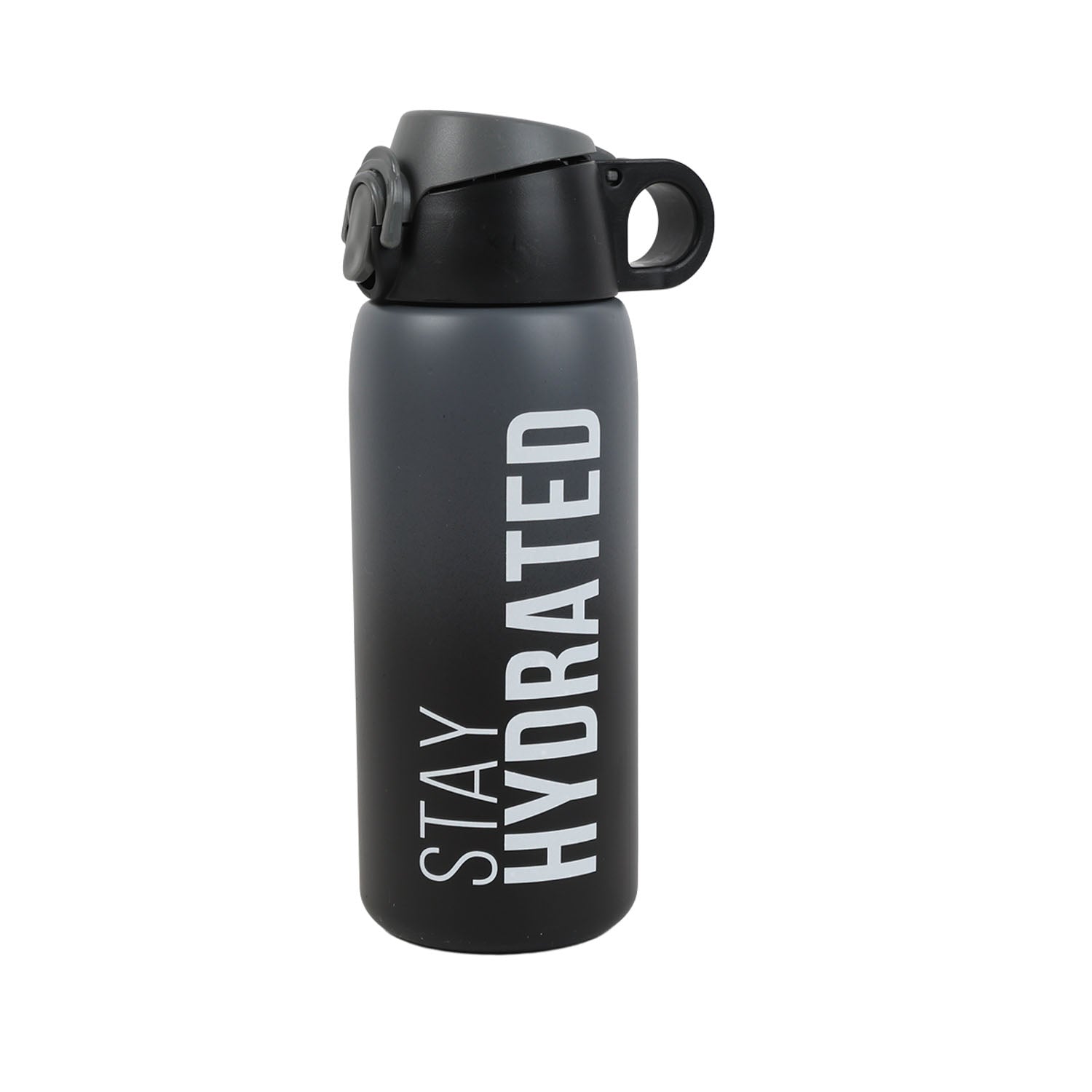 Black insulated water bottle with flip-up carry handle and lid