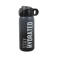 Black insulated water bottle with flip-up carry handle and lid