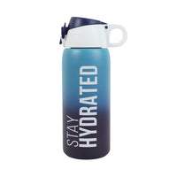 Blue insulated water bottle with flip-up carry handle and white lid