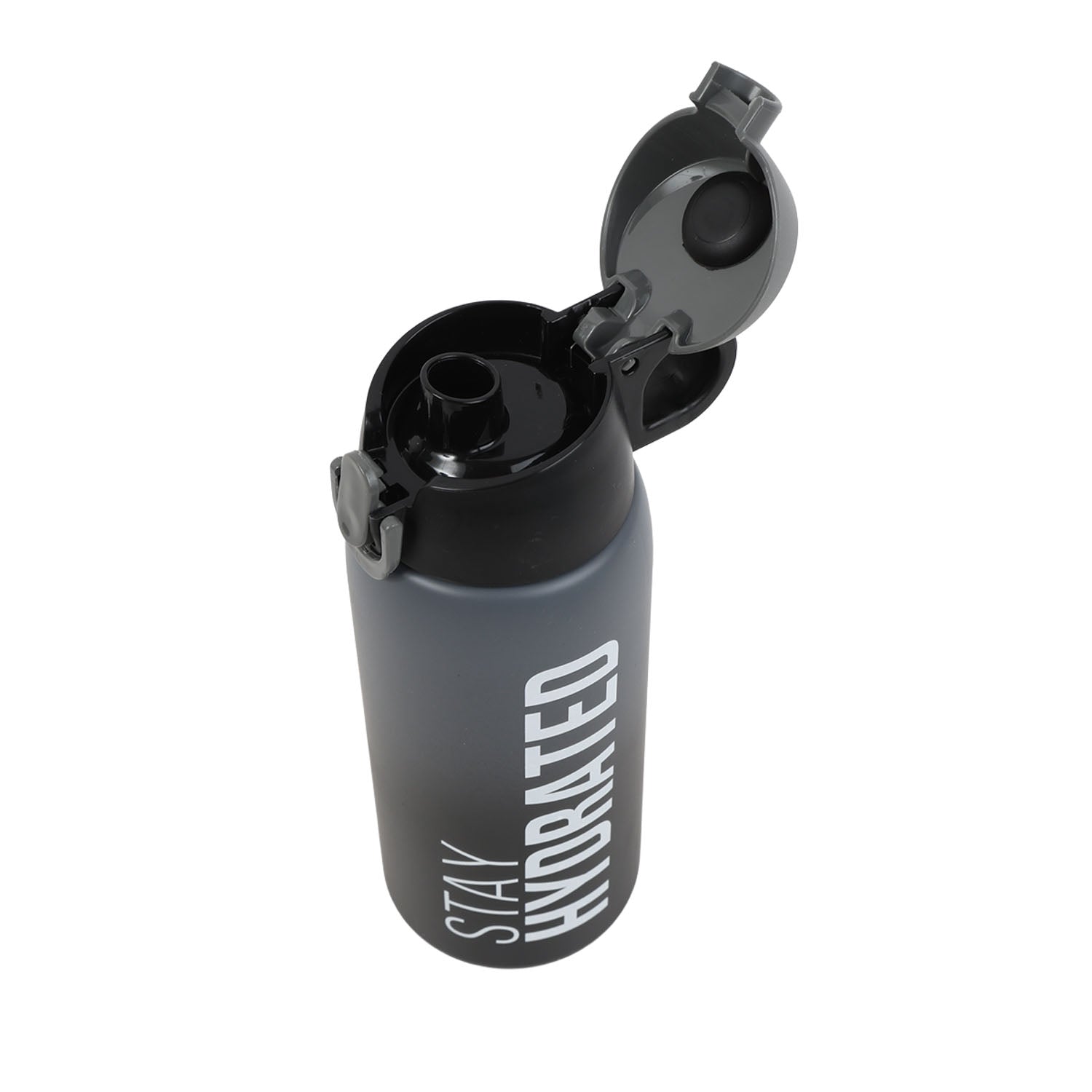 Black insulated water bottle with open flip lid and straw/cap mechanism