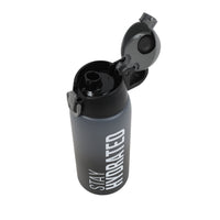 Black insulated water bottle with open flip lid and straw/cap mechanism