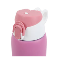 Pink insulated water bottle close-up with open flip lid and carry handle