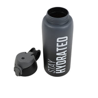 Gray insulated water bottle with open flip lid and drinking spout