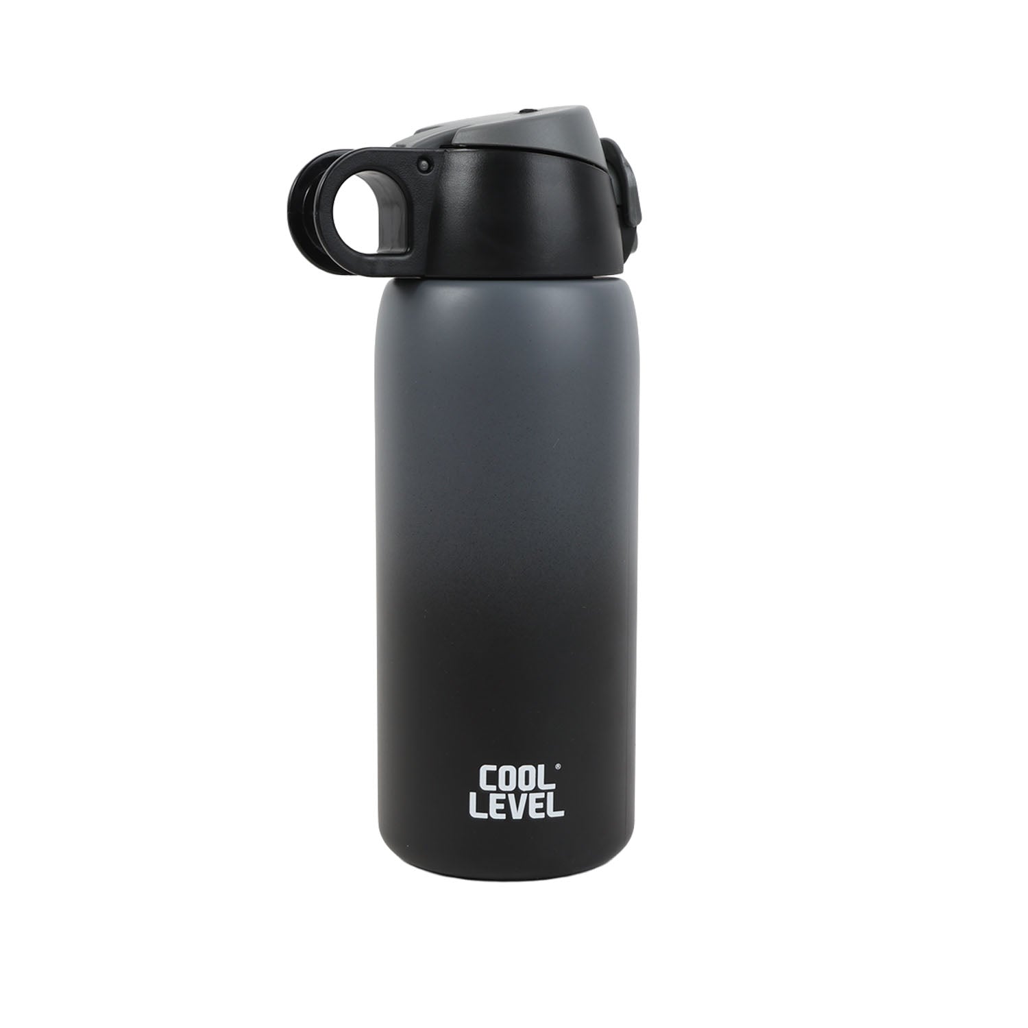 Black insulated water bottle with flip-up carry handle, side view