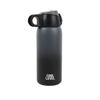 Black insulated water bottle with flip-up carry handle, side view