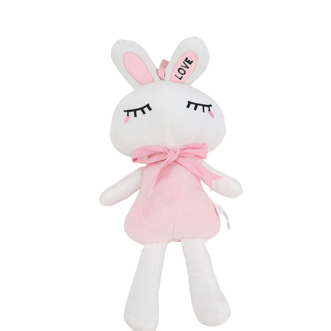Small plush bunny doll, white with pink dress, long ears with LOVE patches and ribbon bow