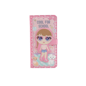 Pink PU hard cover notebook with cartoon schoolgirl and wrap-around strap