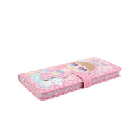 Pink PU hard cover notebook with colorful cartoon cover and elastic closure strap