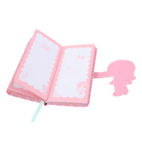 Open pink PU notebook with lined pages, pink elastic band, and hanging bookmark strip