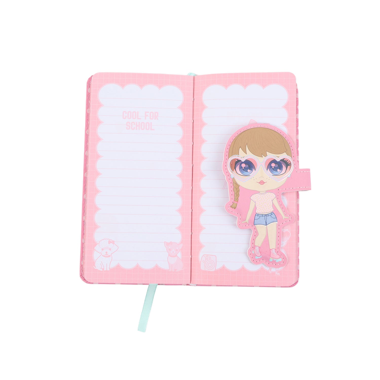 Open pink PU notebook with lined pages and cartoon girl on the right cover