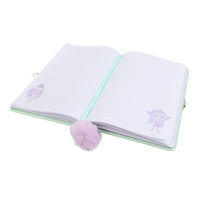 Open lockable notebook with lined paper, mint edges, and purple character corner icons