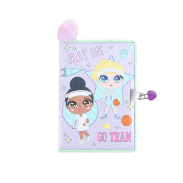 Lockable PVC hard-cover notebook with purple pom-pom and cartoon sports cover