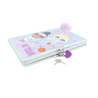 Lockable hard-cover notebook with mint border, purple pom-pom, and cartoon front