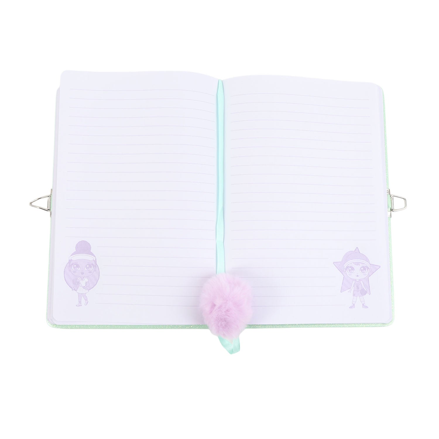 Open lockable notebook showing lined pages with purple character icons and pom-pom