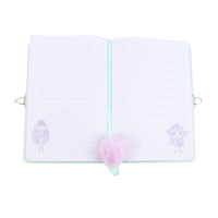Open lockable notebook showing lined pages with purple character icons and pom-pom