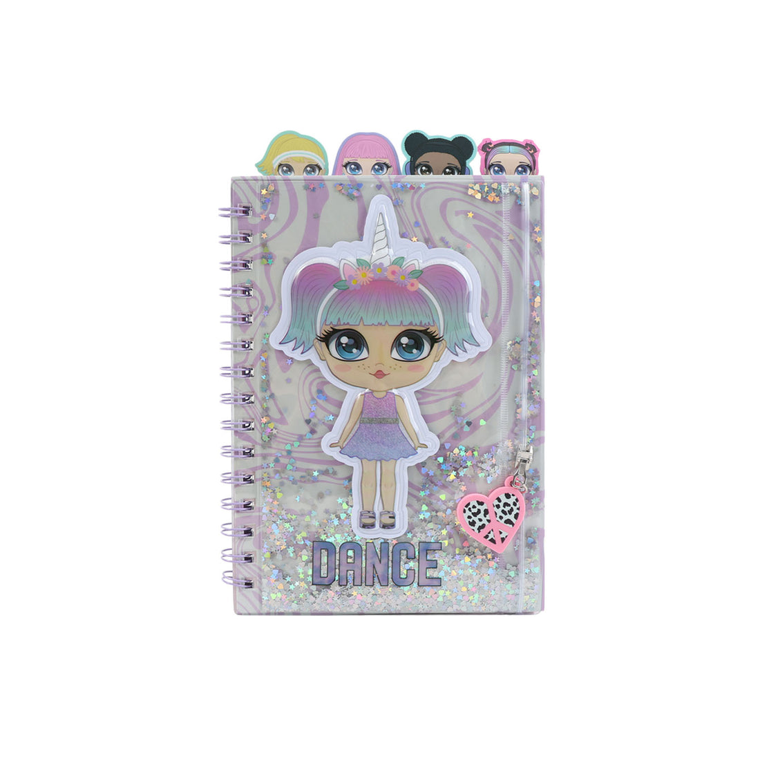 A5 spiral notebook with lined pages, sparkly silver cover, "DANCE" cartoon girl