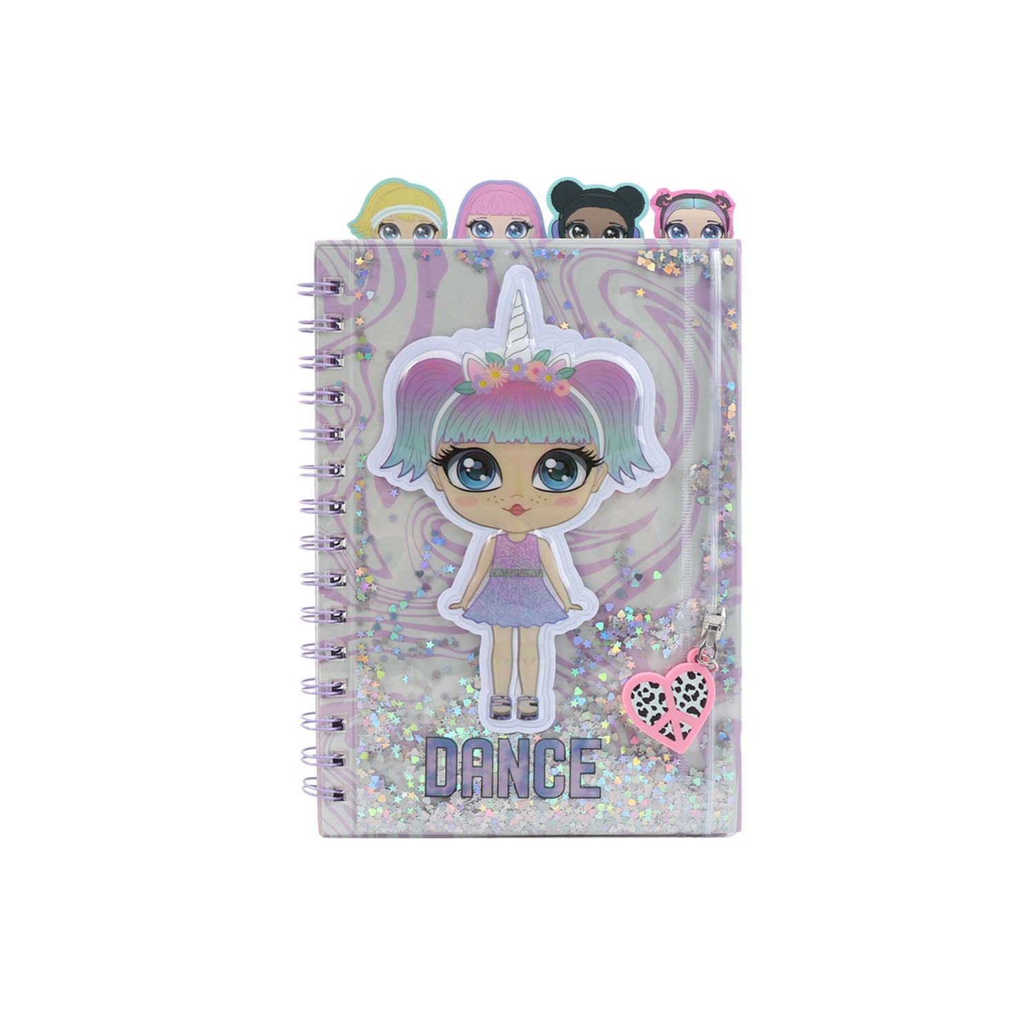 A5 spiral notebook with lined pages, sparkly silver cover, "DANCE" cartoon girl