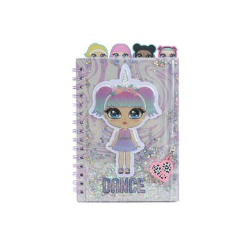 A5 spiral notebook with lined pages, sparkly silver cover, "DANCE" cartoon girl