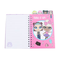A5 spiral notebook with lined pages, pink cover, "Turn It Up!" cartoon girls