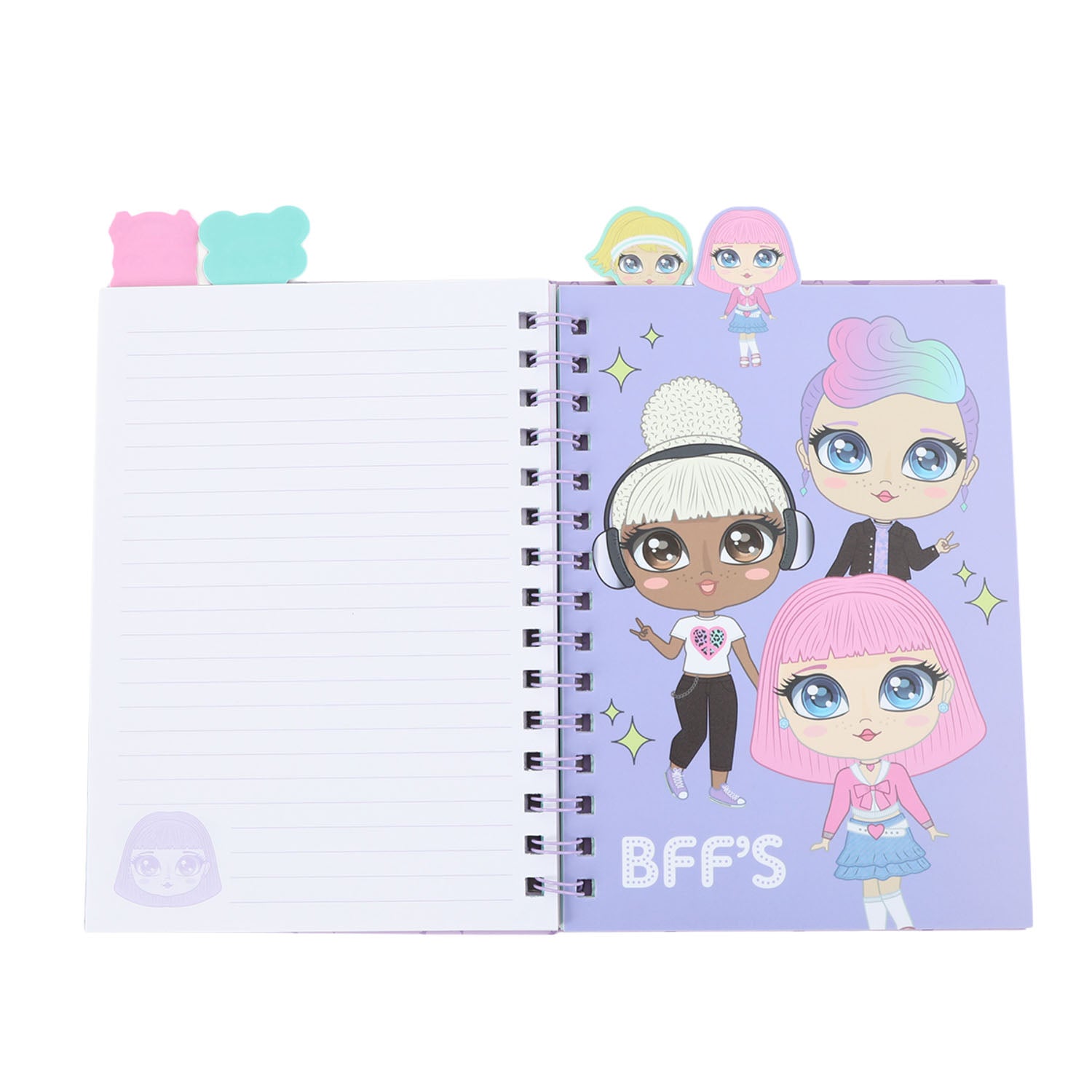 A5 spiral notebook with lined pages, purple cover, "BFF'S" cartoon girls