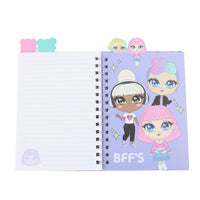 A5 spiral notebook with lined pages, purple cover, "BFF'S" cartoon girls