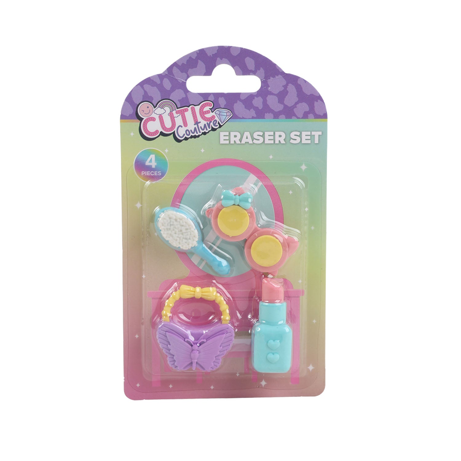 Novelty eraser set in pastel blister pack, includes four shaped erasers with case.