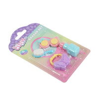Pastel novelty eraser set blister pack with four shaped erasers and small holder.